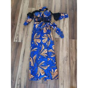 Retro Maxi Corset Dress Cosplay Cotton Blue Multi Halter Neck Lace Detail Size S